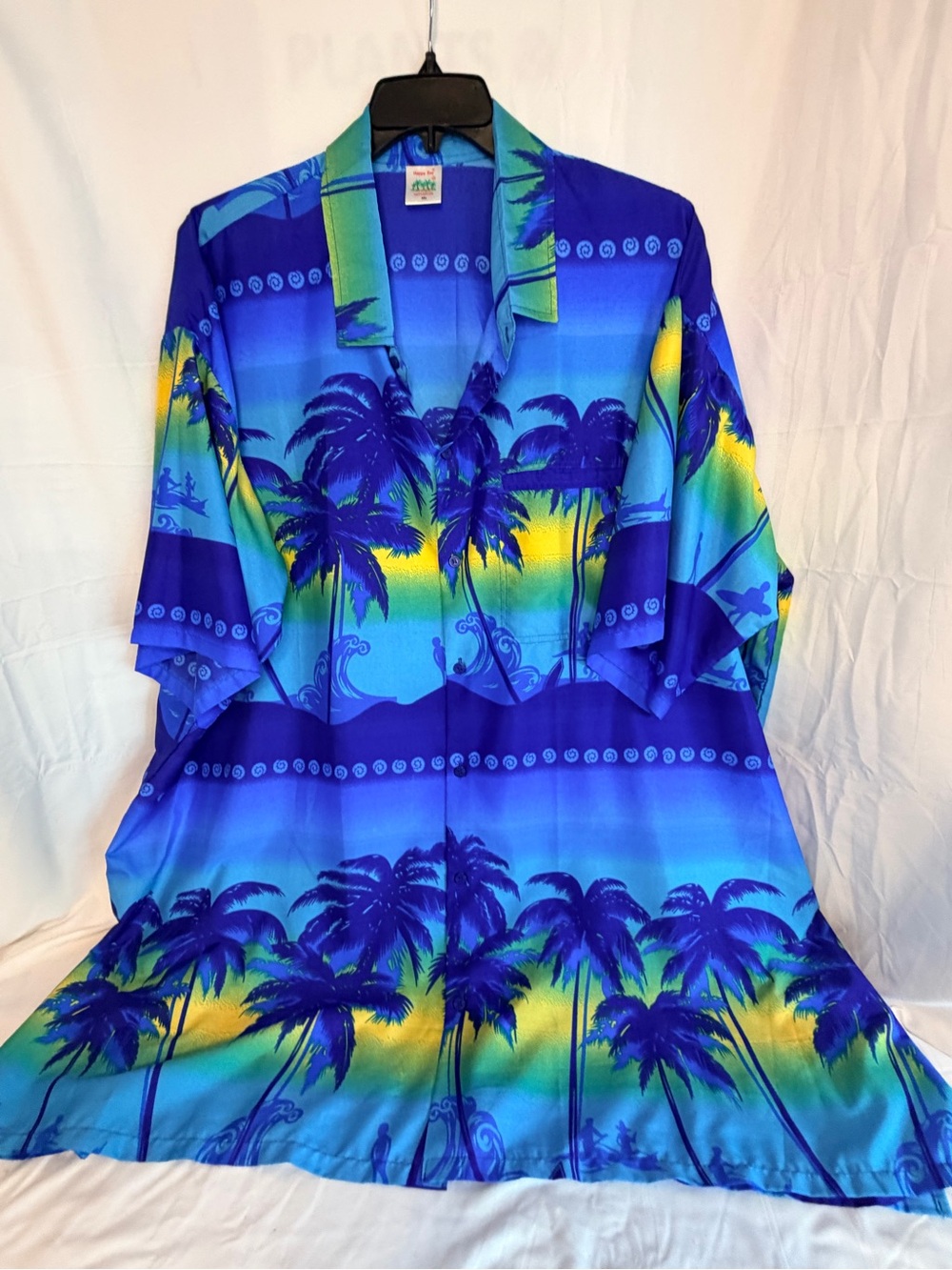 Happy Bay Royal Blue Tropical Sunset Palm Print Button-Up Shirt-4XL